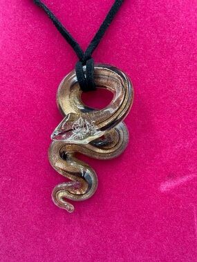 Murano Glass Snake Pendant Necklace - Brown And Gold Made in Italy